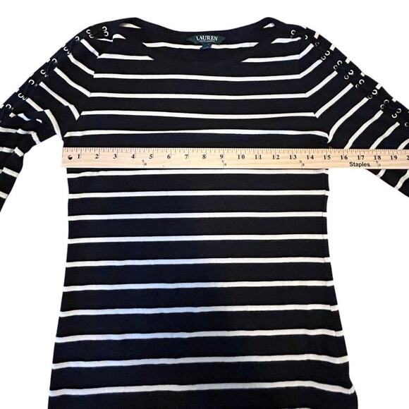 Lauren Ralph Lauren Navy Blue/White Striped 3/4 Lace Up Sleeve Boat Neck Size M - Picture 2 of 8